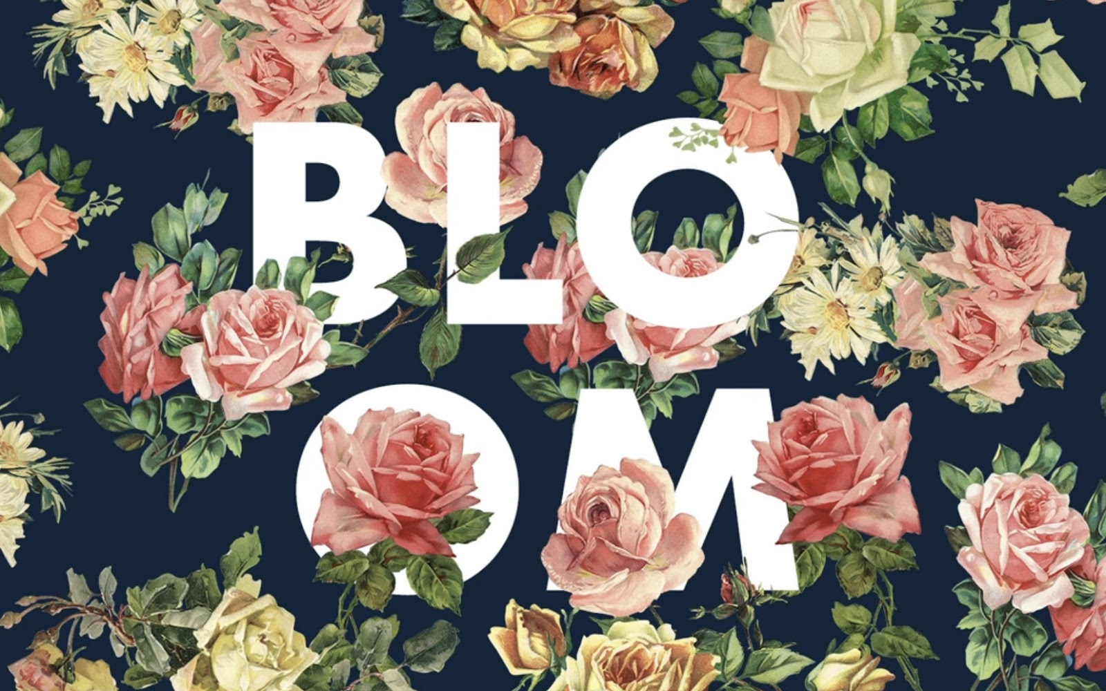 The word "BLOOM" with each letter filled with vintage floral patterns with additional flowers surrounding the text