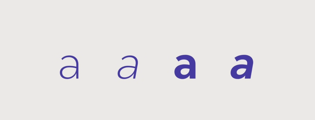 Four 'a' letters in styles from script to sans-serif, in purple