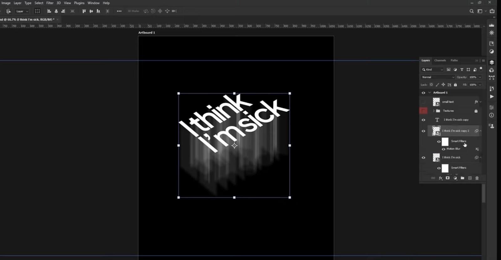 An Adobe Photoshop interface showing a project with a black background and a white, diagonal text