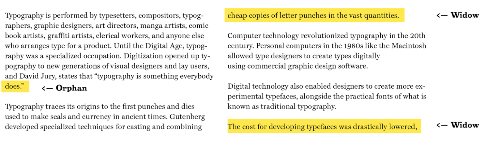 "orphans" and "widows" in typography: an example