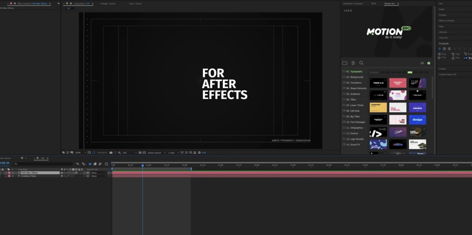 A screenshot of Adobe After Effects software interface showing a composition titled "FOR AFTER EFFECTS"