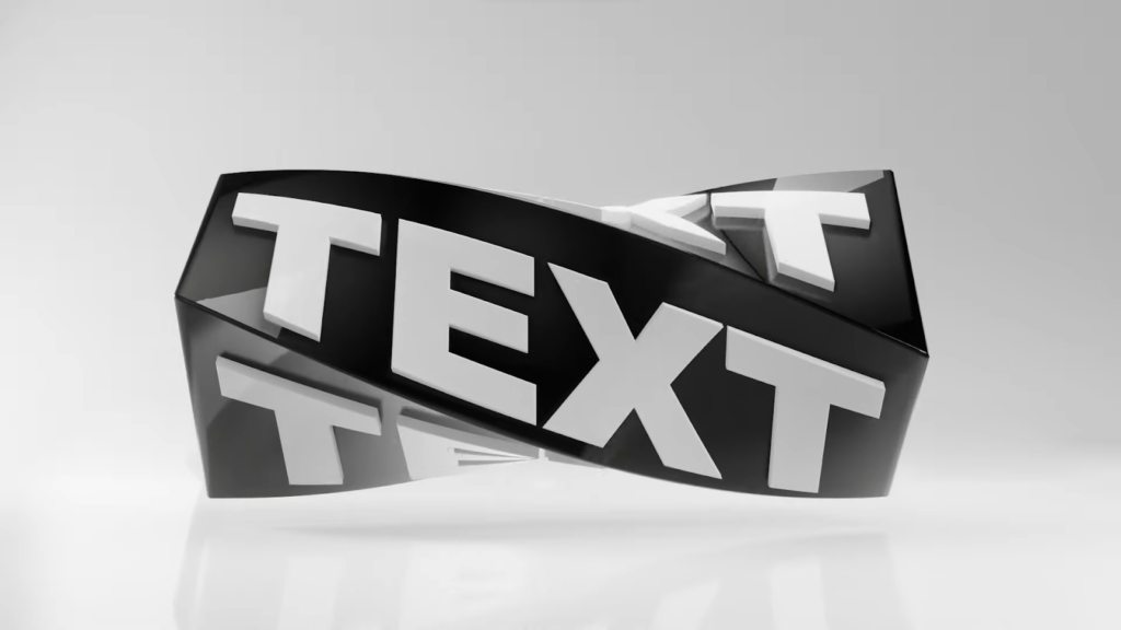 A 3D-rendered twisted black ribbon with the word "TEXT" in white letters