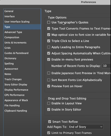 Preferences dialog box in Adobe InDesign with options for Type and Type Options