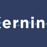 The word "Kerning" in white with blue arrows indicating space adjustments between letters