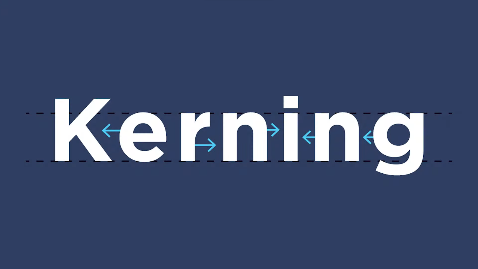 The word "Kerning" in white with blue arrows indicating space adjustments between letters