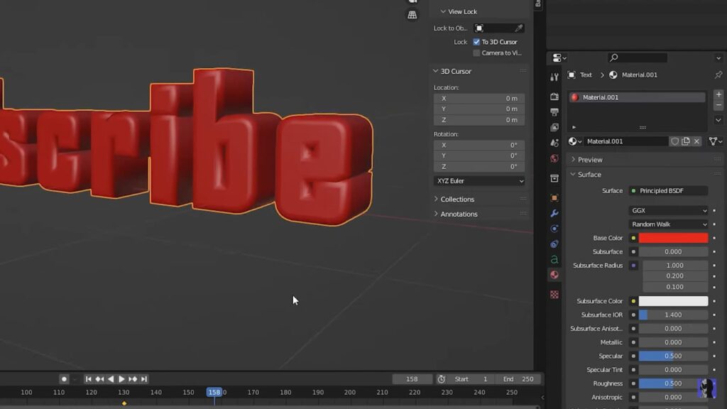 Blender's interface showcasing a red 3D text object "scribe" with material settings on the right